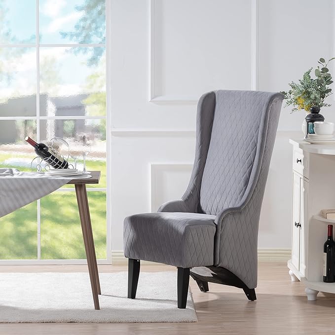 Dining Chair Comfy High Wingback Accent Chair for Dining Table PU Leather Upholstered Accent Side Chairs with Soft Padded &amp Wooden Legs for Living Room Dining Room Bedroom (Grey)