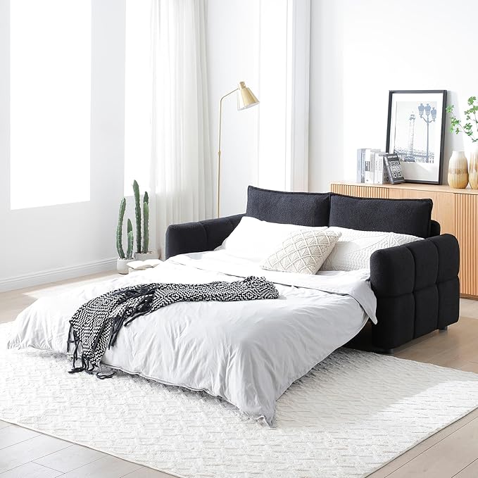 Black Convertible Sleeper Sofa Couch Full Size 3-in-1 Pull Out Sofa Bed for Living Room Small Space Loveseat for Home Office Bedroom Apartment