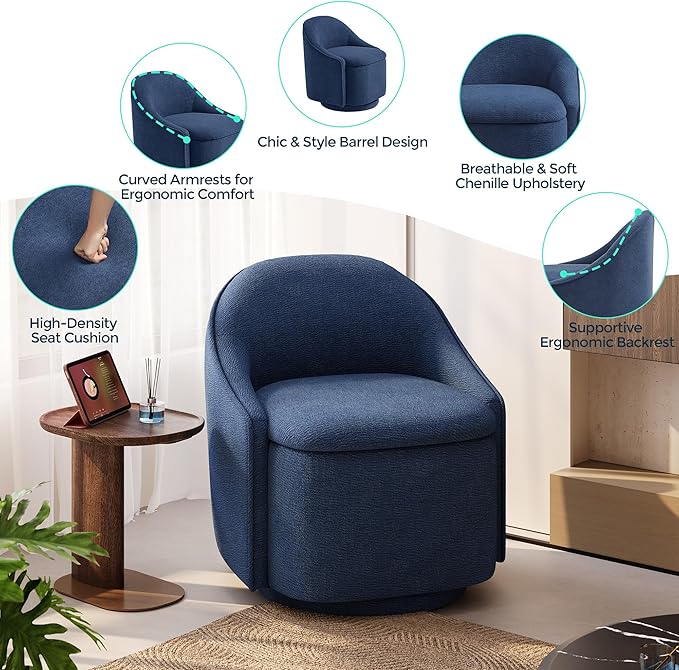 LINSY Swivel Accent Chair with Storage Comfy Chenille Barrel Chairs Small 360 Swivel Modern Armchair for Living Room Bedroom Boucle Reading Chair for Study Room (Blue)