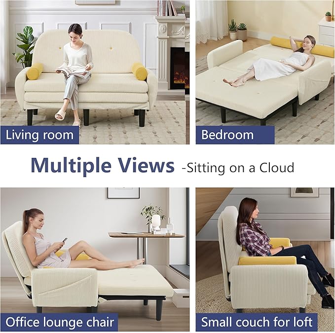 Convertible Sofa Bed 3 in 1 Pull Out Couch Futon Loveseat Sleeper with Adjustable Backrest Removable Armrests Side Pockets &amp USB Charging for Living Room Apartment Small Space (Ivory)