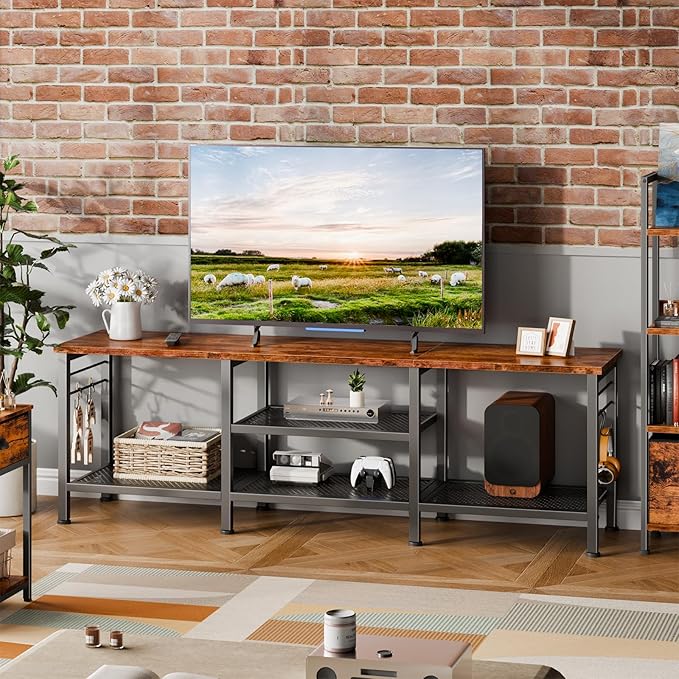 Furologee TV Stand for TVs up to 65 Inch Entertainment Center with Open Storage Shelves 55 Inch Television Stands with Soundbar Shelf for Living Room Bedroom Rustic Brown