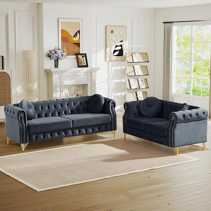 3-Seater Chesterfield Sofa and Loveseat Set Mid Century Modern Sofa Couch with Button Tufting &amp Rolled Arms Comfy Upholstered Velvet Deep Seat Couch Set for Living Room Office Black(2 Pieces)