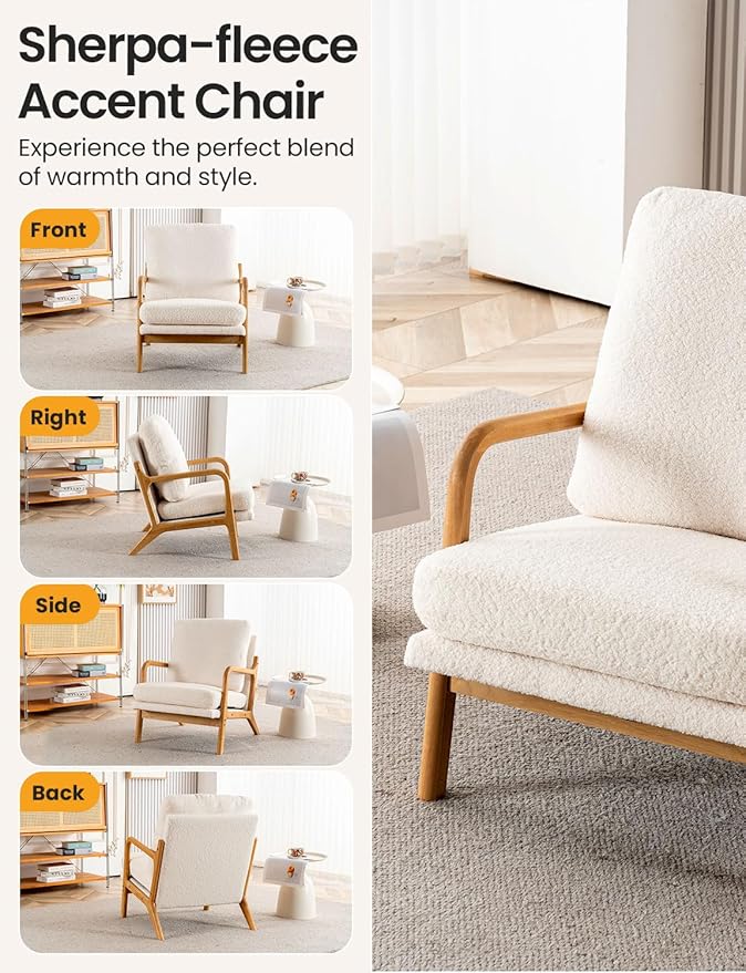 Mid Century Modern Accent Chairs for Living Room 23” Wide Comfy Chair for Bedroom Small Cozy Sherpa Reading Chairs for Adults 108° Lounge Arm Chair with Detachable Cover 5.5 Foam Cushion