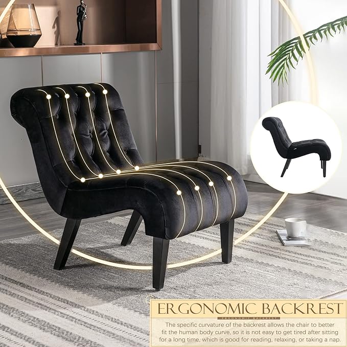 KINFFICT Velvet Accent Lounge Chair for Living Room Modern Leisure Chair with Tufted Backrest Indoor Armless Side Chair Upholstered Bedroom Sleeper Chairs with Solid Wood Legs