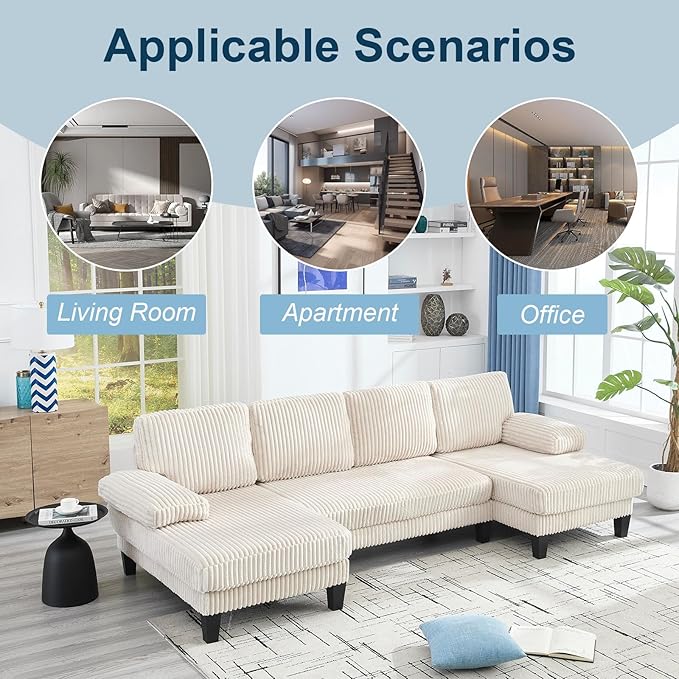 114 Cloud Couch Modular Sectional Sofa Convertible U-Shaped Sofas Couches with Double Chaise Lounge Corduroy Upholstery Sofa Double Cushions Deep Seat Couchs for Living Room White