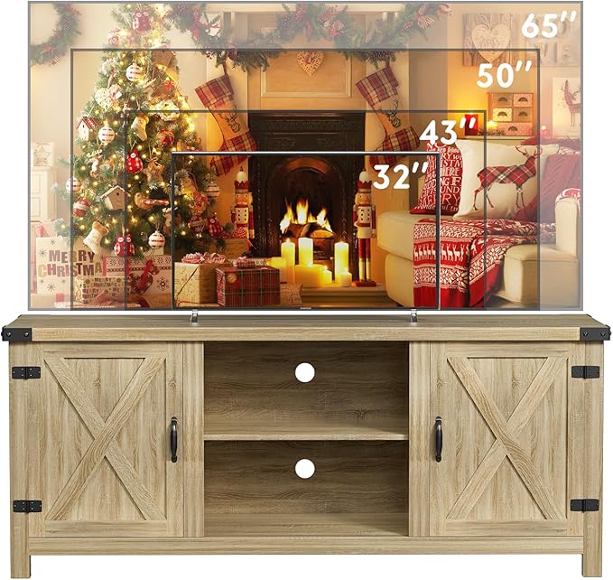 YESHOMY Modern Farmhouse TV Stand with Two Barn Doors and Storage Cabinets for Televisions up to 65+ Inch Entertainment Center Console Table Media Furniture for Living Room 58 Inch White Oak