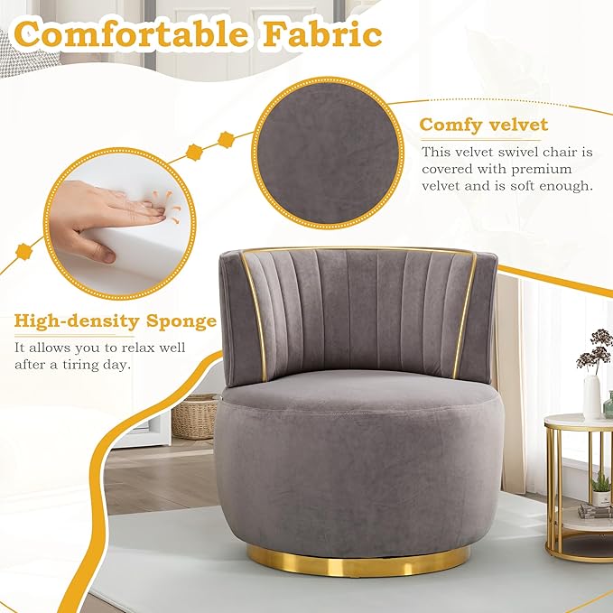 SLEERWAY 360° Swivel Barrel Chair Modern Velvet Round Accent Chair Comfy Upholstered Small Armchair with Gold Metal Base for Living Room Bedroom Nursery Office Sillas para Sala Gray