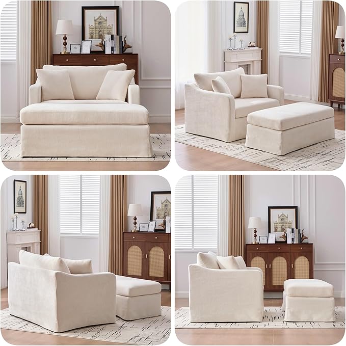 44 Oversized Reading Chair with OttomanWide Beige Accent ChairChenille Upholstered Square Chair with OttomanBig Comfy Chair for Living Room