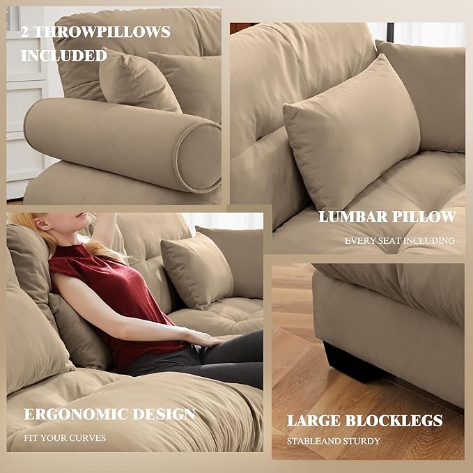 Oversized Modular Velvet Sectional Cloud Sofa Couch with Movable OttomanCorner Sofa with Comfortable Armrests Deep Seat Convertible L or U Shaped Couch (Camel 3 Seat+ 2 Ottomans)
