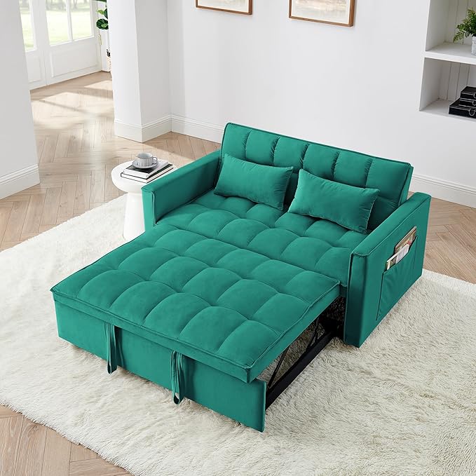 KEIKI 54.33 Pull-Out Sofa Couch Bed 2 in 1 Convertible Velvet Sleeper Sofa with Adjustable Back for Apartment Living Room Antique Green