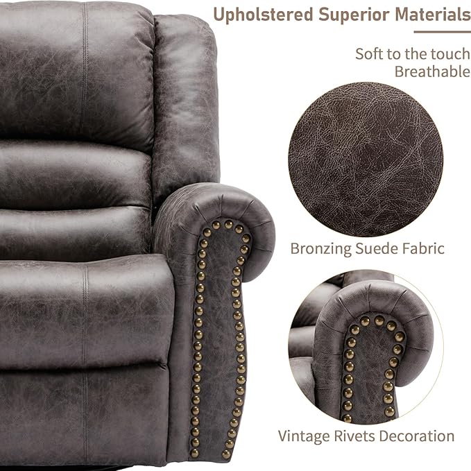 Manual Massage Swivel Rocker Recliner with Heat and Vibration 360° Swivel Glider Rocking Recliner Chair Classic Living Room Lounge Recliners with Side Pockets &amp USB Ports Grey