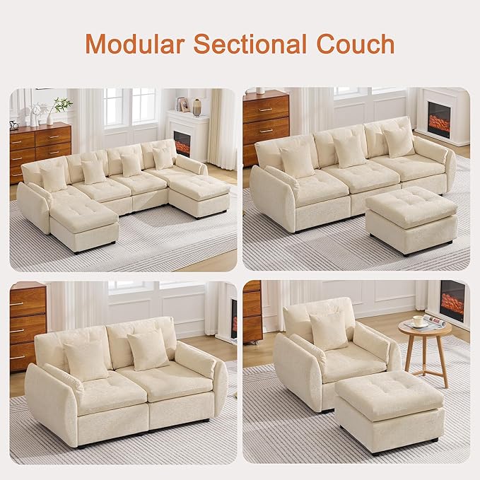 30 Modular Cloud Accent Chair with Ottoman Deep Seat Tufted Chenille Sofa Chair with Curved Arms Upholstered Reading Chairs for Living Room Bedroom Beige