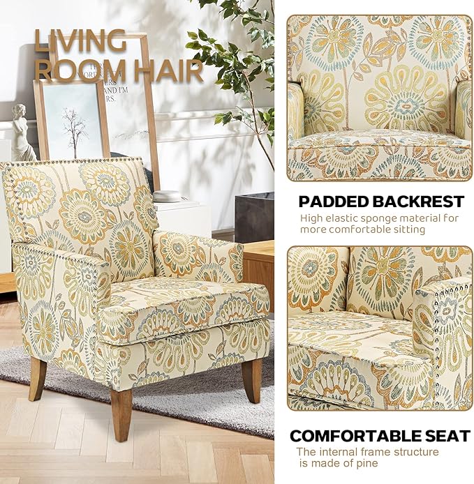 Modern Floral Wingback Accent Chair - Upholstered Fabric Club Chair for Living Room Bedroom &amp Reception Room Mid-Century Comfort Sofa Chair with Elegant Home Decor (Floral 1)