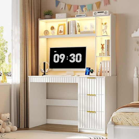 Lvifur LED Study Desk - with Hutch &amp Storage CabinetHome Office Desk with Outlet and 3 Color LED and Card-Based LockWriting Desk for BedroomComputer Desks for StudyroomIdeal for Office SetWhi