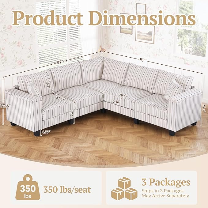 97 Stripe Pattern Sectional Corner Sofa with Storage Armrests &amp 2 Pillows Oversized Modular Couch V-Shape Sofa Upholstered L-Shape Couch 5-Seat Sectional for Living Room Apartment Bedroom