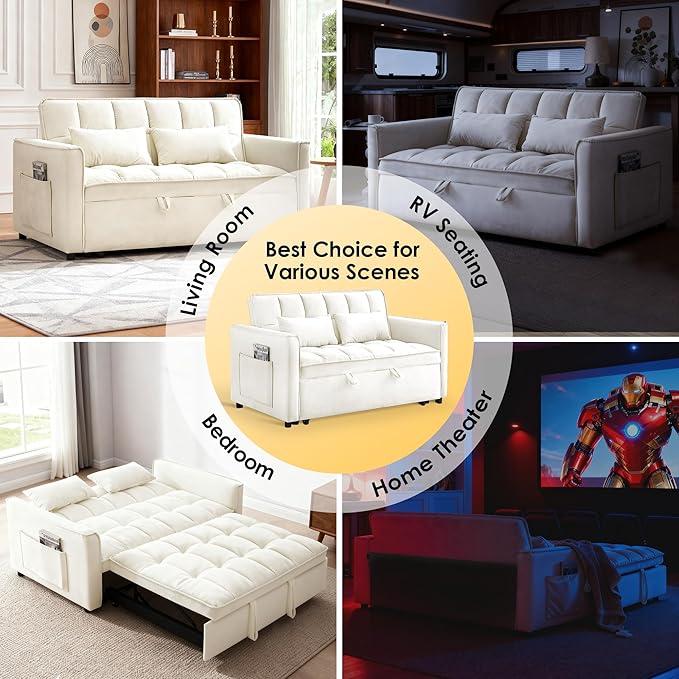 Dreamzie 3 in 1 Convertible Sleeper Sofa Bed Pull Out Couch with Side Pocket Loveseat Sleeper for Living Room with Adjustable Backrest (Beige)