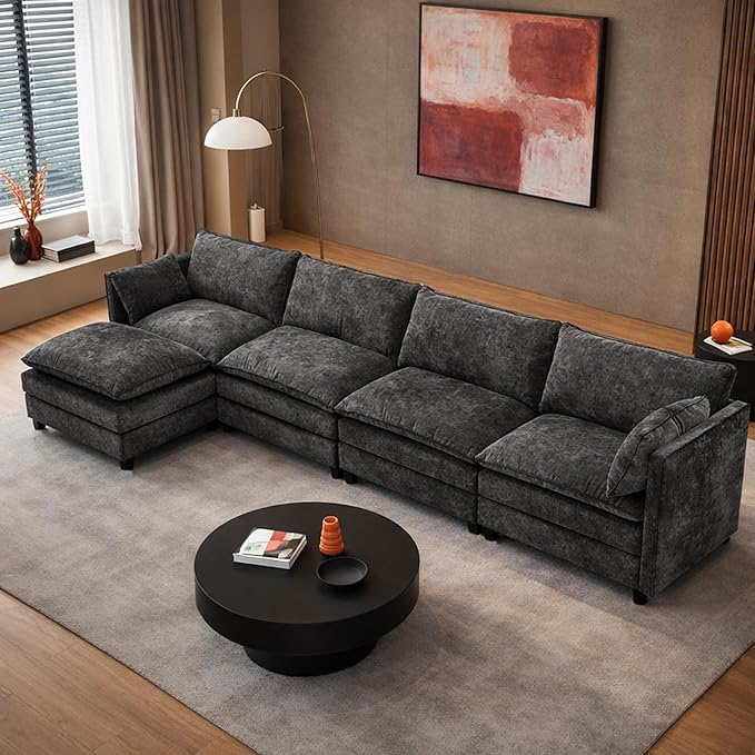 108 U Shaped Couch Comfy Cloud Modular Sectional Sofa with Movable Ottoman Deep Seat Chenille Modern Cloud Sofa Sectional Couches for Living Room Apartment (Gray 4 Seater with 1 Ottoman)