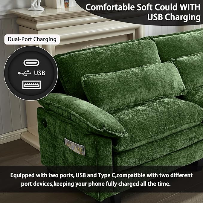 148'' Modular Sectional SofaL Shaped Couch with Movable Ottoman Comfy Cloud Sofa with Deep Seat 4 Seat Convertible Sectional Couches for Living Room with USB Charging &amp Side Pockets(Green)