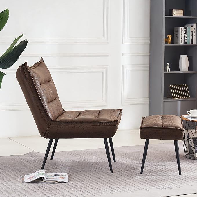 MCombo Wingback Accent Chair with Ottoman Modern Bronzing Fabric Upholstered Club Chair for Small Space Living Room 4400 (Dark Brown)