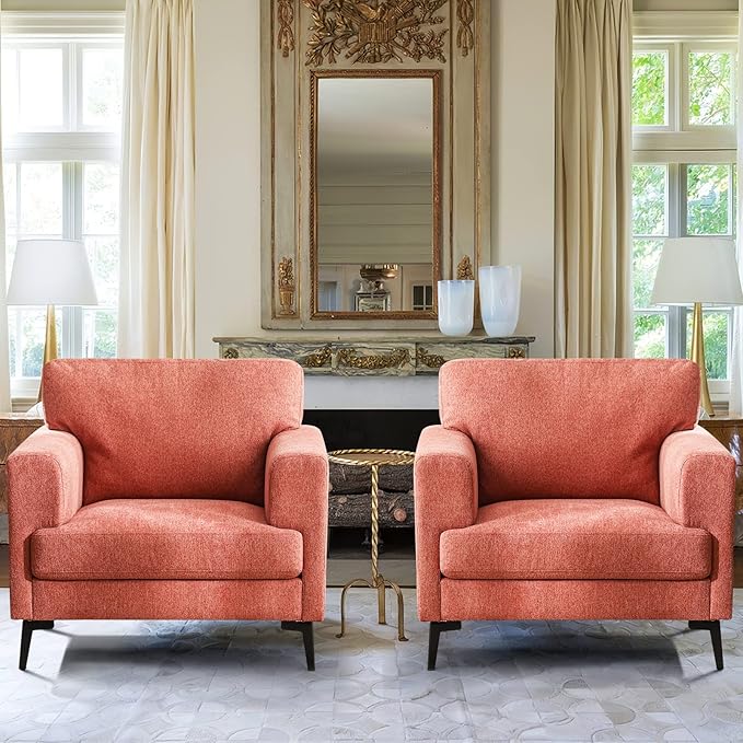CDCASA Accent Chair Linen Fabric Oversized Mid Century Modern Chair Set of 2 Comfy Upholstered Armchair Reading Accent Chairs Sofa Chairs for Bedroom Living Room Coral Pink
