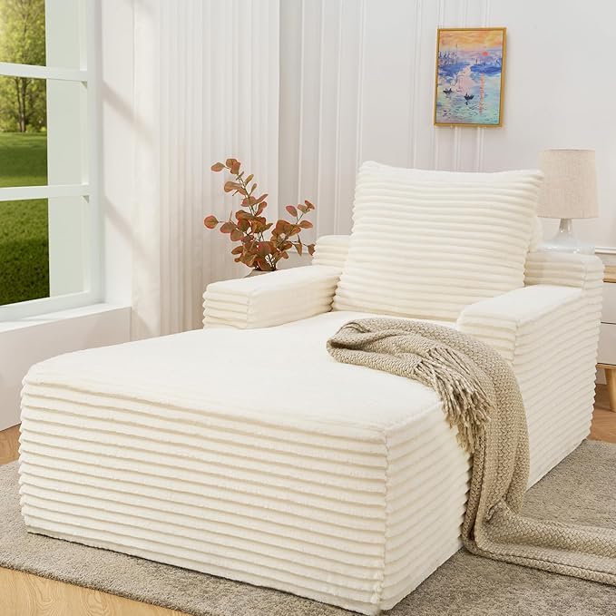VanAcc 65 Chaise Lounge Sofa Luxury Corduroy Sleeper Chaise with Armrests and Throw Pillows No-Assembly Couch for Living Room or Apartment White