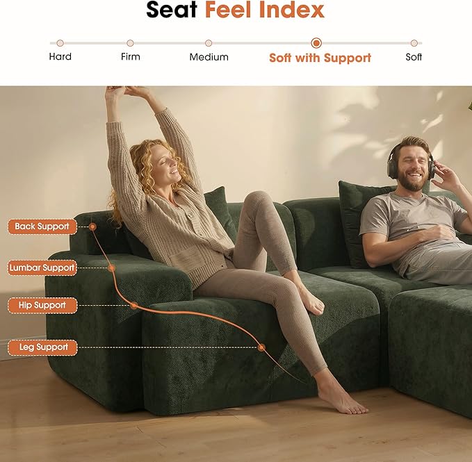 83.5 Modular Sectional Sofa Luxury 32.6 Deep Seat Cozy Cloud Couch L-Shaped Boneless Couches for Living Room Apartment Bedroom No Assembly Required(Green) | 17 Thickened Seat Super Soft Seat