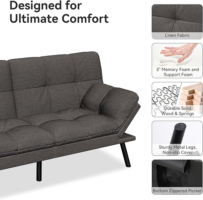 Vipbear 71 Convertible Futon Sofa BedGrey Linen Fabric Futon Couch with Detachable CushionAdjustable Backrest &amp ArmrestModern Loveseat Sleeper Recliner for Living RoomOfficeApartment