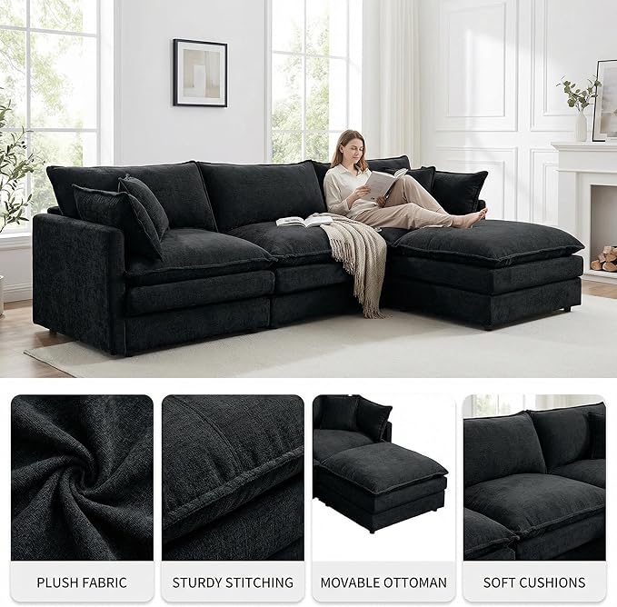 Homy Casa 102 Inch L Shaped Couch Set3-Seat Sectional Sofa with Chaise Comfortable Chenille Fabric Removable Cushions Ottoman DIY CombinationModern Design for Living/Family Room (Black)