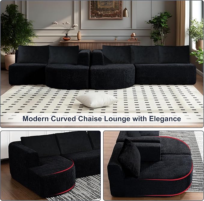 144 Oversized Sectional Sofa with Chaise Lounge Boneless Couches for Living Room Modern Luxury Chenille 5-Seater Sofa Deep Seat U-Shape Curved Cloud Couch No Assembly Required (Black)