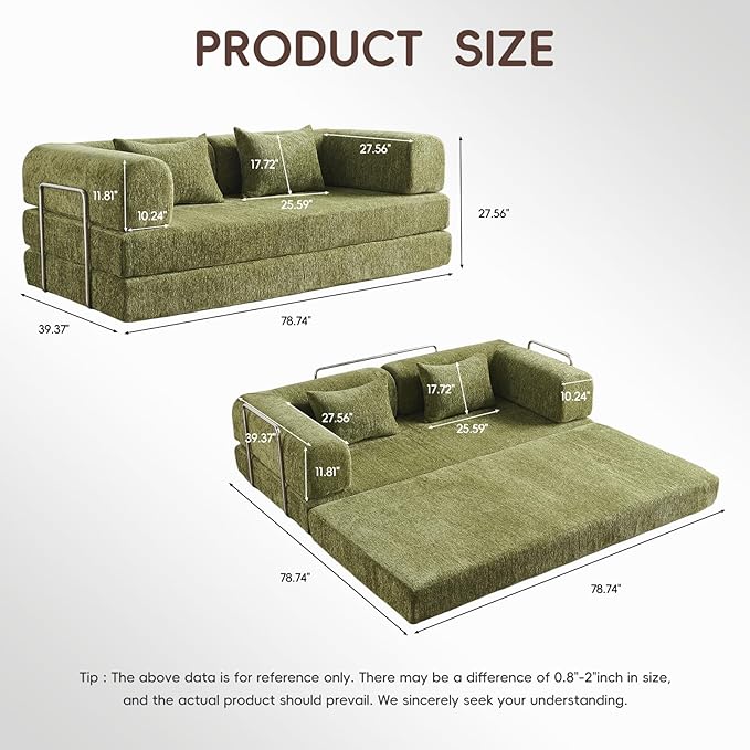 5-in-1 Convertible Folding Sofa Bed 79 Queen Chenille Boneless Couch with Removable Armrests No Assembly Loveseat Sleeper Sofa Modular Futon Couch for Living Room &amp Bedroom Green