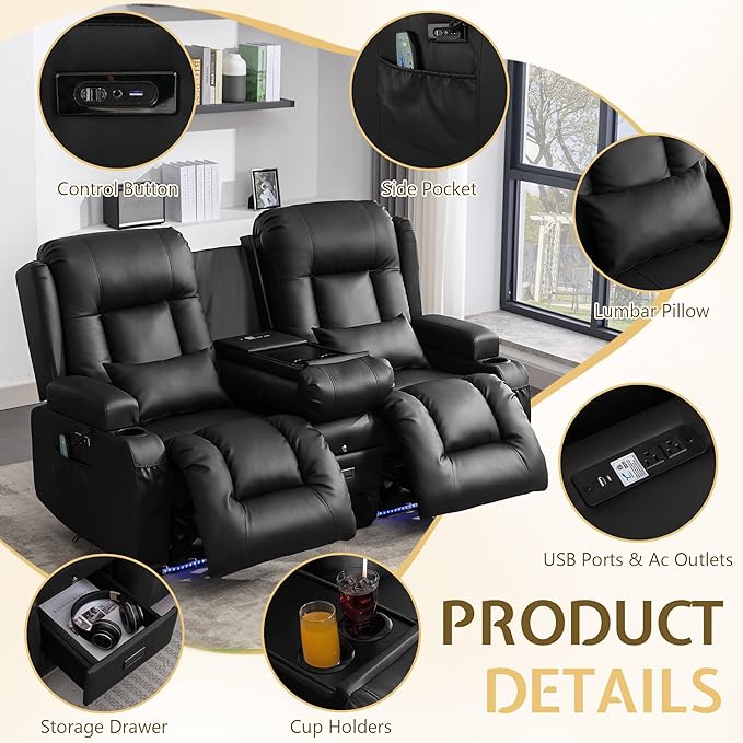 URRED Power Reclining Loveseat Sofa with Console RV Couch Loveseat Recliner Sofa with Massage &amp Heat LED Light Cupholders Bluetooth Speakers USB Charge Ports Outlets Faux Leather Black
