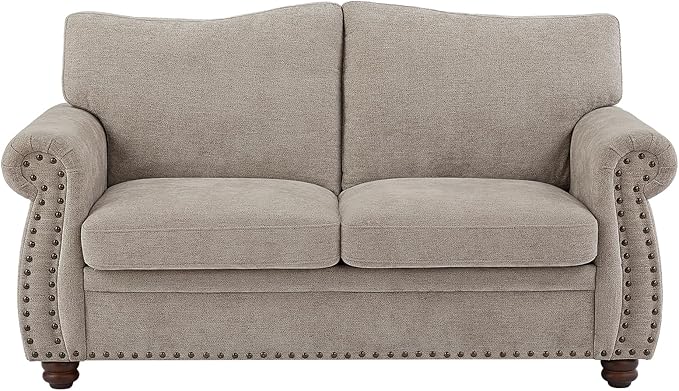 ONBRILL Nailhead Sofa 66 Inch Small Couch with Rolled Arms Chenille Fabric Loveseat w/Springs Seat Cushion Vintage Curved Back Turned Wood Legs Comfy Couch for Living Room Farmhouse Beige
