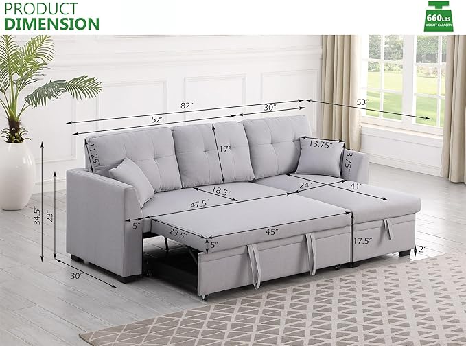 BEEY Sleeper Sofa Bed 82 Small Convertible Sectional Sofa Couch with Storage Chaise L Shaped Couch with Pull Out Bed for Bedroom Living Room (Light Grey F4002)