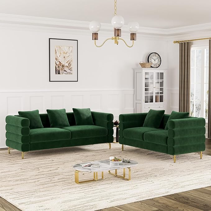 OUYESSIR Living Room Sofa Couch and Loveseat Set Modern Comfy Velvet Deep Seat Cloud Couch with 5 Pillows Oversized Sofa Furniture Sets for Living Room Bedroom Emerald Green Velvet