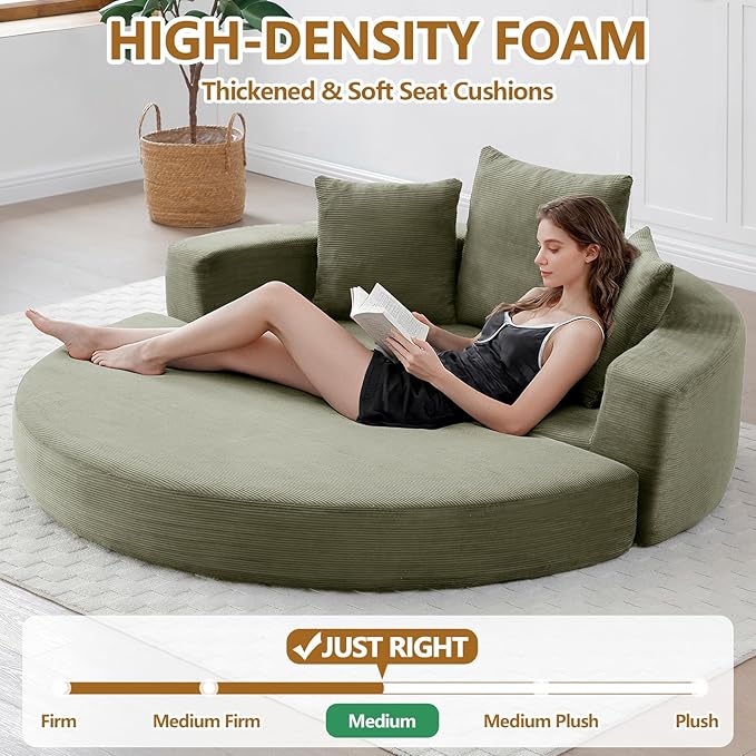 67'' Circular Convertible Compressed Sofa Bed Green Corduroy Floor Lounge Round Boneless Couch Loveseat Sleeper Sofa Couch with 3 Cushions No Assembly for Apartment Bedroom