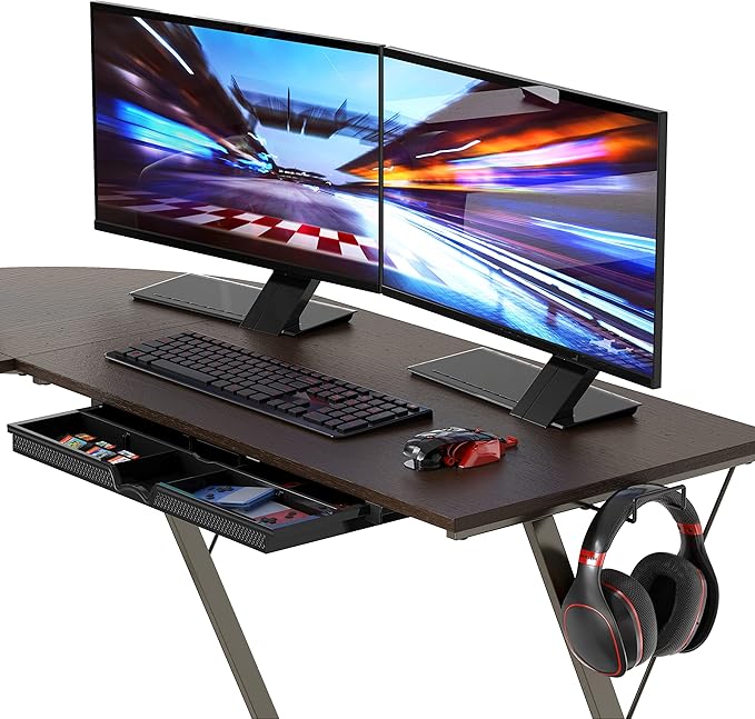 SHW 51 x 51 Inches Vista L-Shaped Desk with Monitor Stand and Drawer Espresso