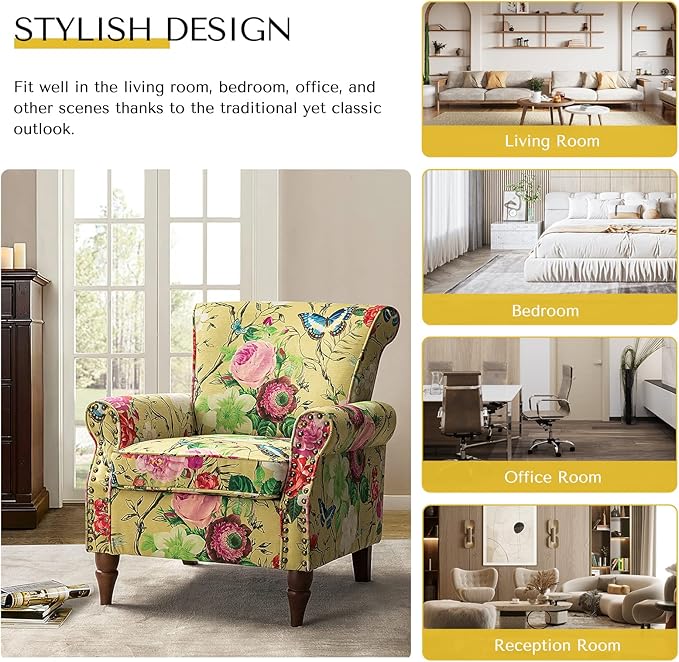 HULALA HOME Modern Wingback Accent Chair with Wood Legs &amp Removable Cushion Comfy Upholstered Armchair with Nailhead Trim Floral Pattern Single Sofa Chair for Living Room Bedroom Mustard