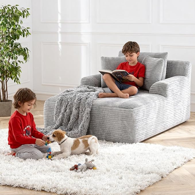 Avenix 66 Oversized Boneless Chaise Lounge Chair IndoorCorduroy Comfy Oversized Reading Chair Boneless Couch Bed ChairNo Assembly RequiredLight Grey