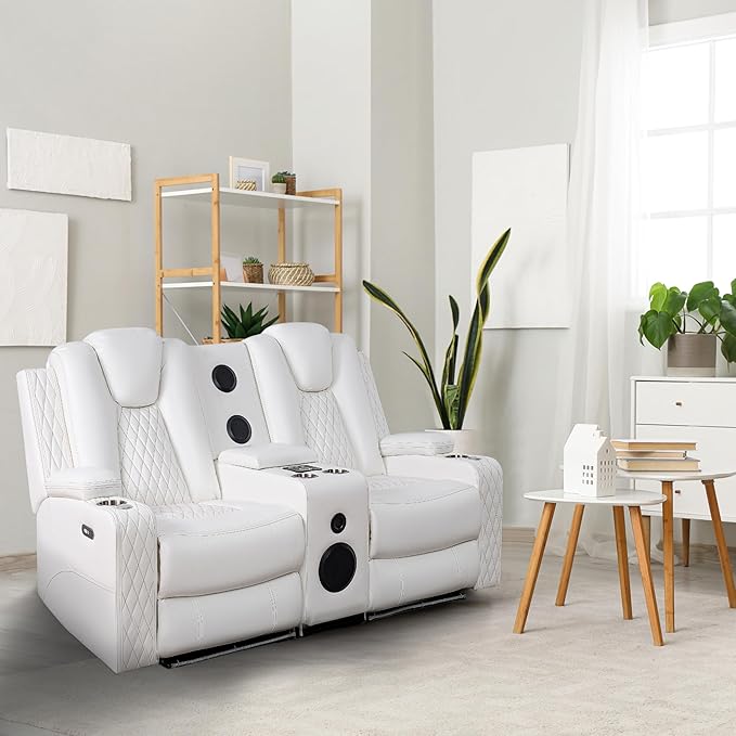 Chicago Home Theater Loveseat Recliner with Bluetooth Speakers LED Lights Wireless Charging Storage Console &amp Cup Holders - White