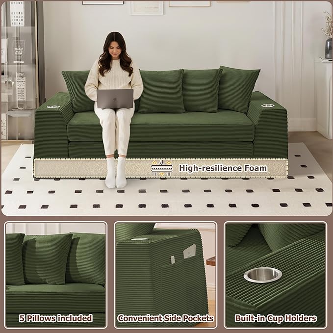82 Oversized Loveseat Pull Out Sofa 2 in1 Convertible Loveseat Sofa with Pillows Corduroy Folding Couch Bed with Deep Seat Boneless Couch for Small Room No Assembly Required Green