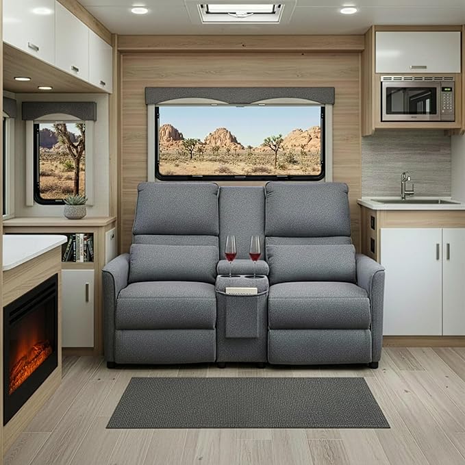 MANBUR Push-Back Reclining Loveseat with Console Loveseat Reclining Sofa Home Theater Seating RV Recliner Sofa Recliners Double Recliner Couch with Storage Pockets &amp Cup Holders Gray