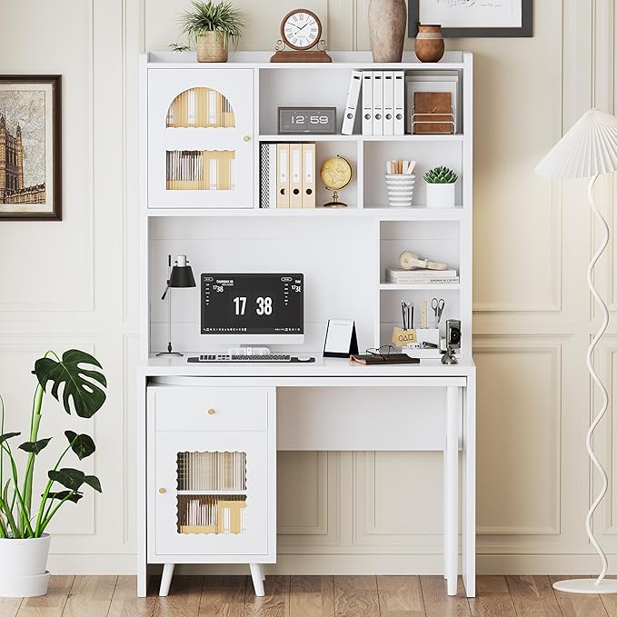 Computer Desk with 90 Degree Rotating Desktop and Bookshelf Office Desk with Drawer and Cabinets Gaming Desk with Shelves Writing Desk for Home Office Bedroom Living Room (White-5.9)