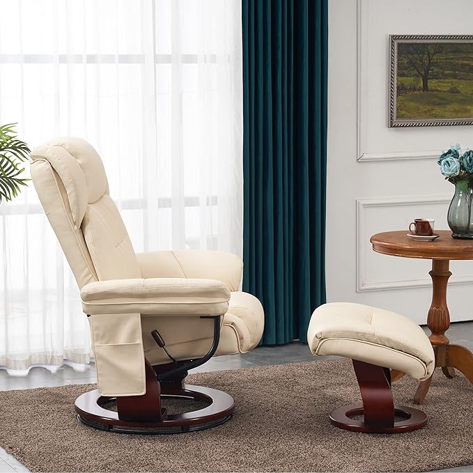 MCombo Swivel Recliners with Ottoman Vibration Massage TV Chairs with Side Pocket Faux Leather Ergonomic Lounge Chair for Living Room Bedroom 4734 (Cream White)