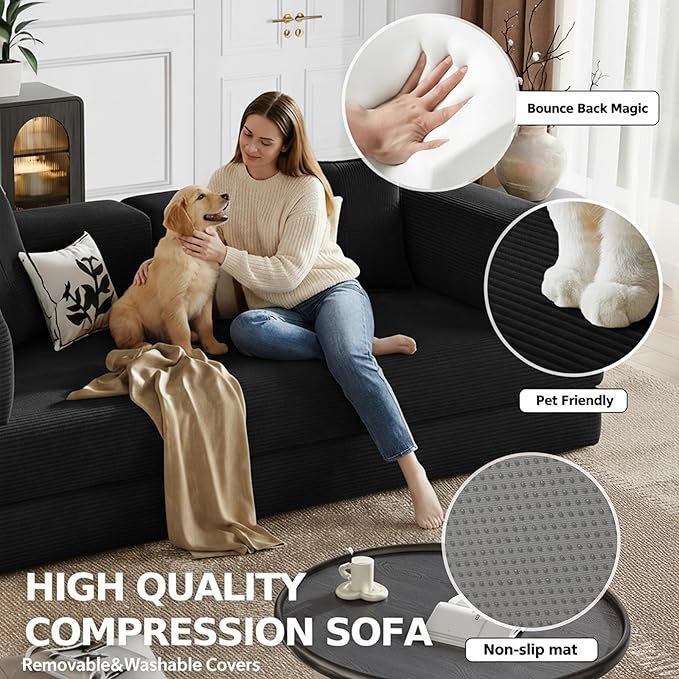 78.8 Boneless Sleeper Sofa BedConvertible Futon Couch with Storage Pocket and 2 PillowsModular Corduroy Sofa for livingroomSmall speaceBlack