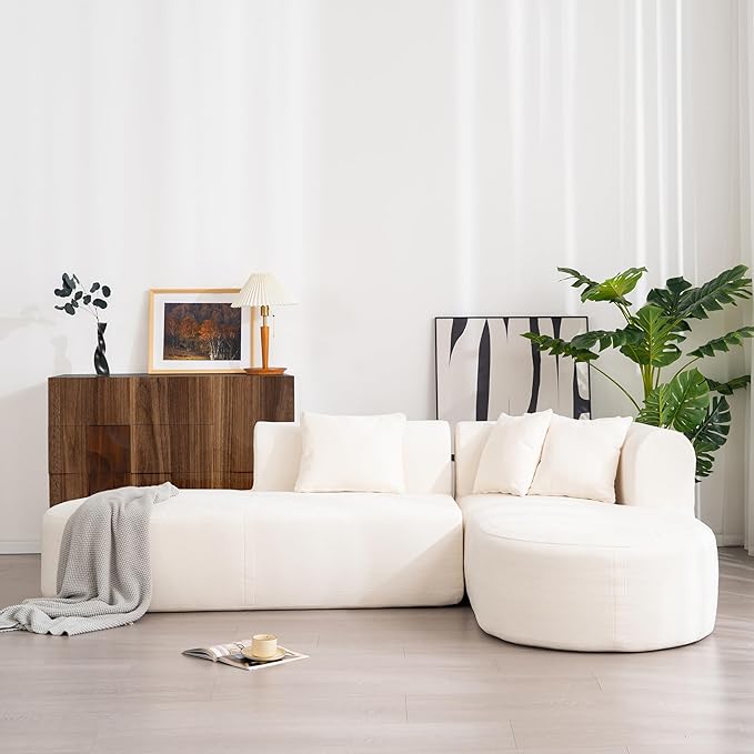 Modern L-Shaped Sofa Couch Stylish Chenille Corner Sofa for Living Room Curved Seat with Wide Stitching Four Comfortable Cushions Perfect for Living Room Bedroom and Office (Beige/367)