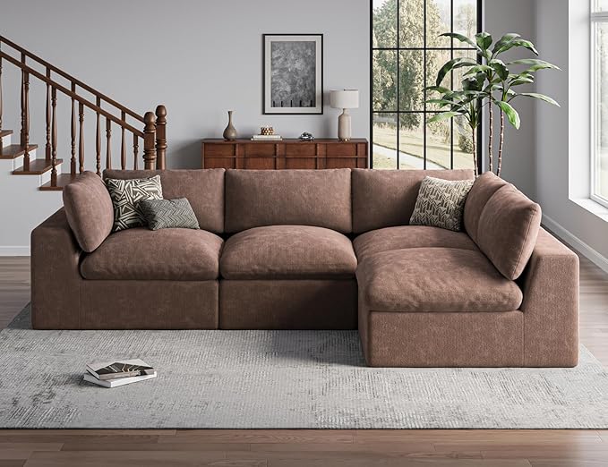 120 Cloud Sectional Couch | Oversize Boneless Couches for Living Room | 4 Seater L-Shape Sofa | Brown