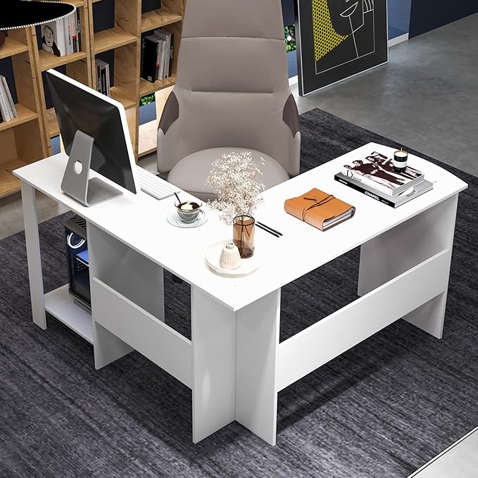 Tangkula White L Shaped Desk with Storage Shelves Wooden Corner Computer Desk Space-Saving Home Office Workstation Gaming Desk Writing Study Desk L Shaped Office Desk