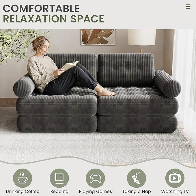 35 Folding Sofa Bed 5-in-1 Convertible Sleeper Chair Floor Mattress with Removable Armrest Boneless Couch in a Box Fold Out Futon Lounge Chair Bed for Dorm Bedroom Small Space - Grey Single
