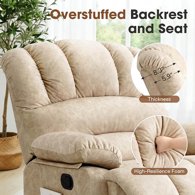 COOSLEEP Oversized Manual Swivel Rocker Recliner Chair Extra Wide Glider Rocker Recliner for Big and Tall Overstuffed Lazy Recliner Chair with High Back Single Sofa Chair for Living Room(Beige)