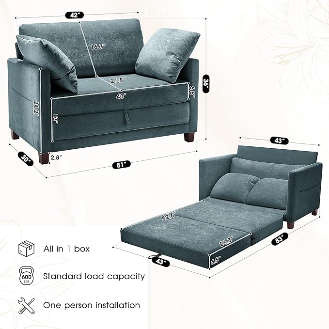 51 Convertible Loveseat Sofa Bed 2-in-1 Folding Sofa Bed with 2 Pillow for Small Spaces Modern Loveseat Sleeper Couch for Apartment Living Room &amp Guest Room (Light Blue)